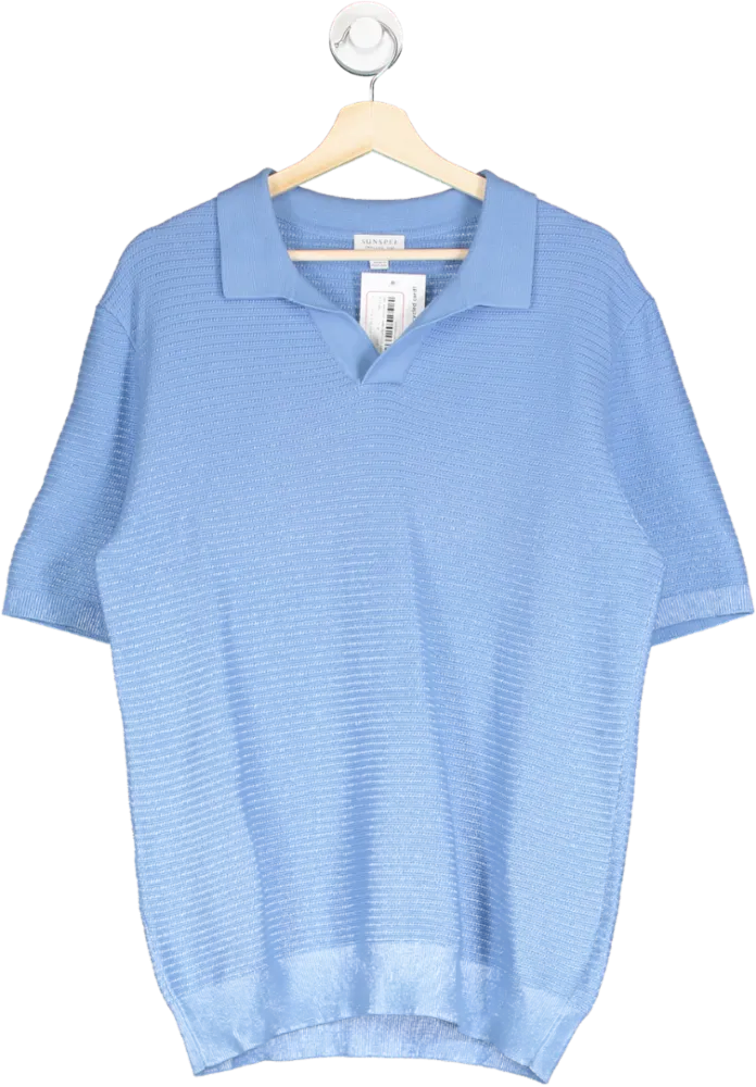 Sunspel Blue Open Collar Knit Polo Shirt UK M