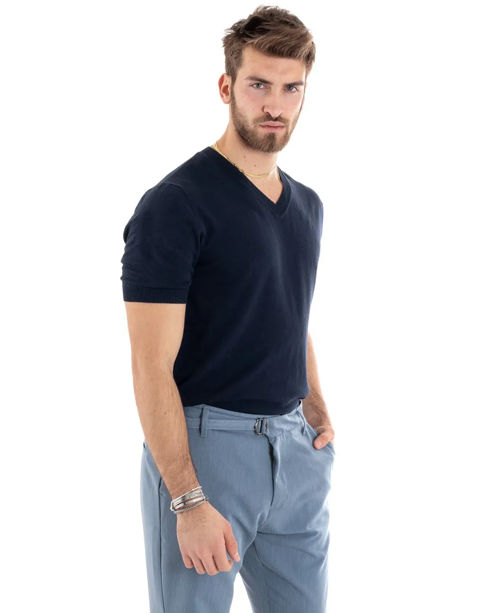 T-shirt Uomo Filo Manica Corta Tinta Unita Blu Scollo a V Casual GIOSAL-TS2867A