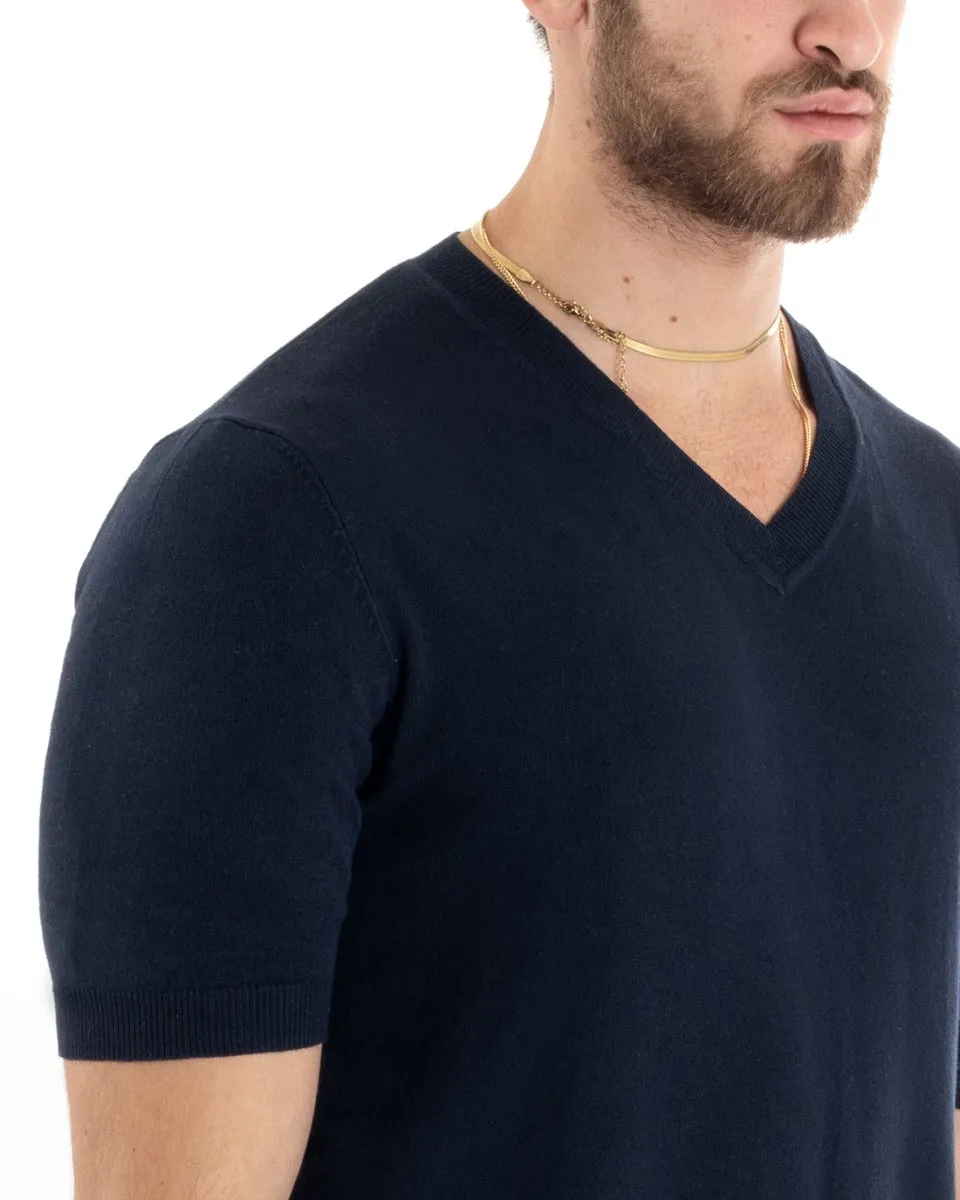 T-shirt Uomo Filo Manica Corta Tinta Unita Blu Scollo a V Casual GIOSAL-TS2867A