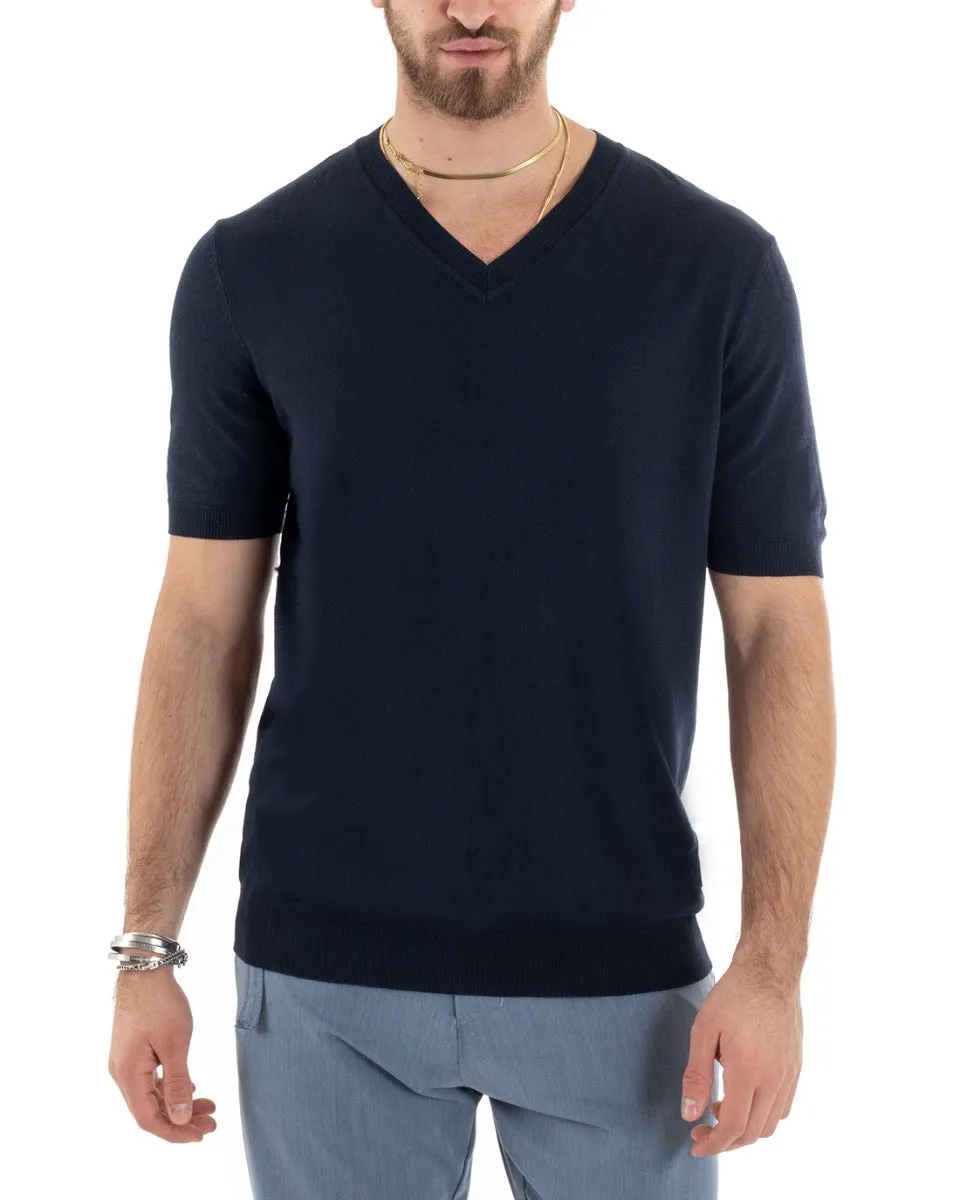 T-shirt Uomo Filo Manica Corta Tinta Unita Blu Scollo a V Casual GIOSAL-TS2867A