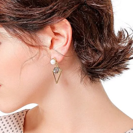 Triangle Crystal Geometric Pearl Stud Drop Earring