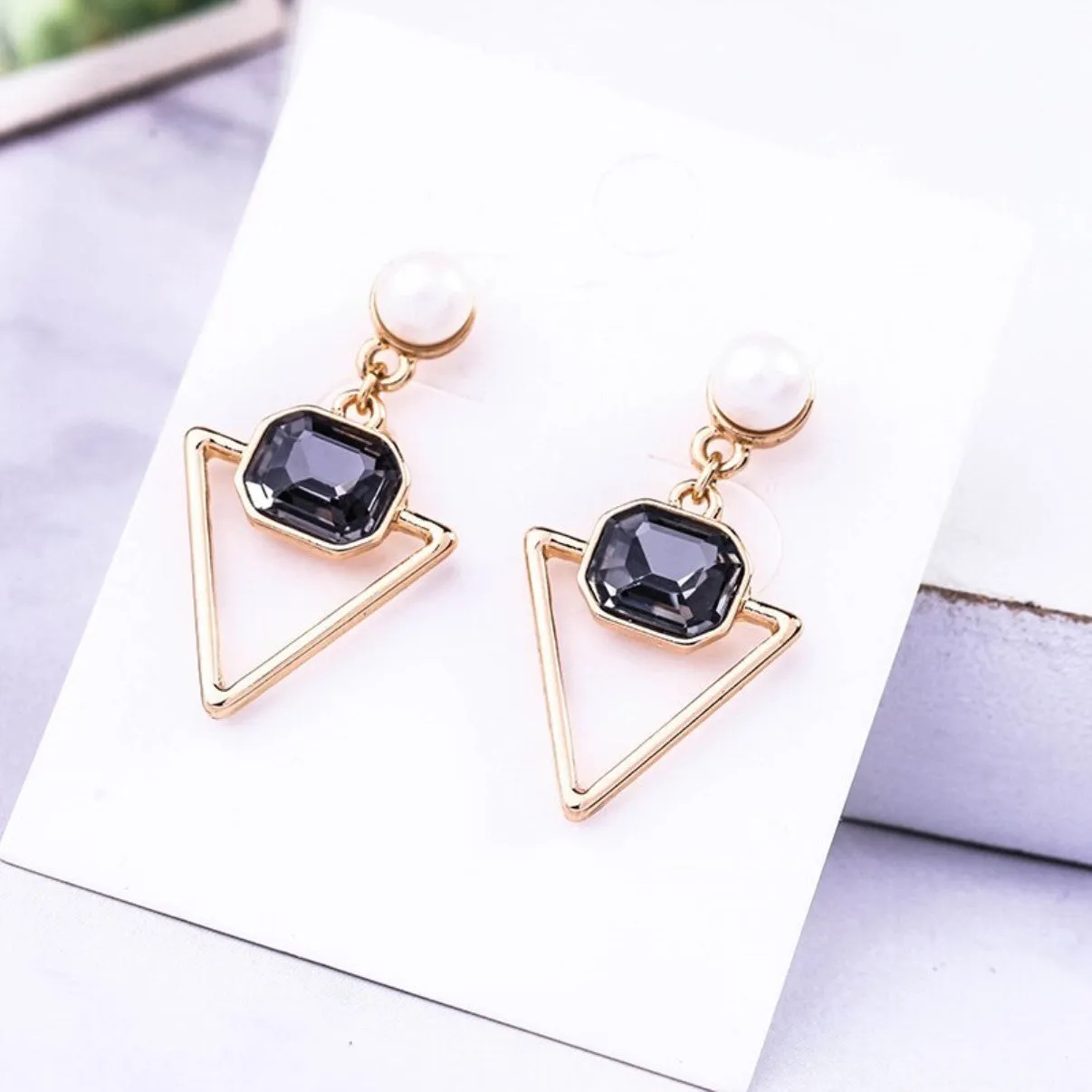 Triangle Crystal Geometric Pearl Stud Drop Earring