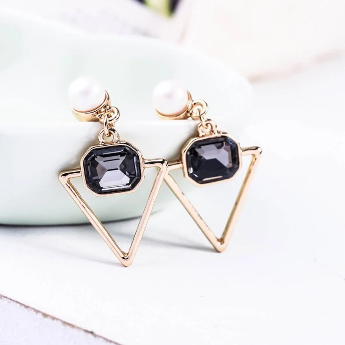 Triangle Crystal Geometric Pearl Stud Drop Earring