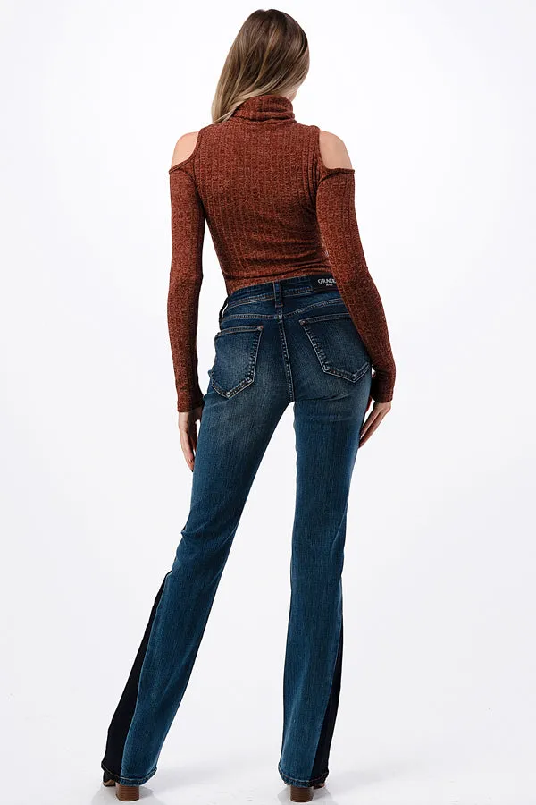 Two Tone Hem Detail Basic Mid Rise Bootcut Jeans