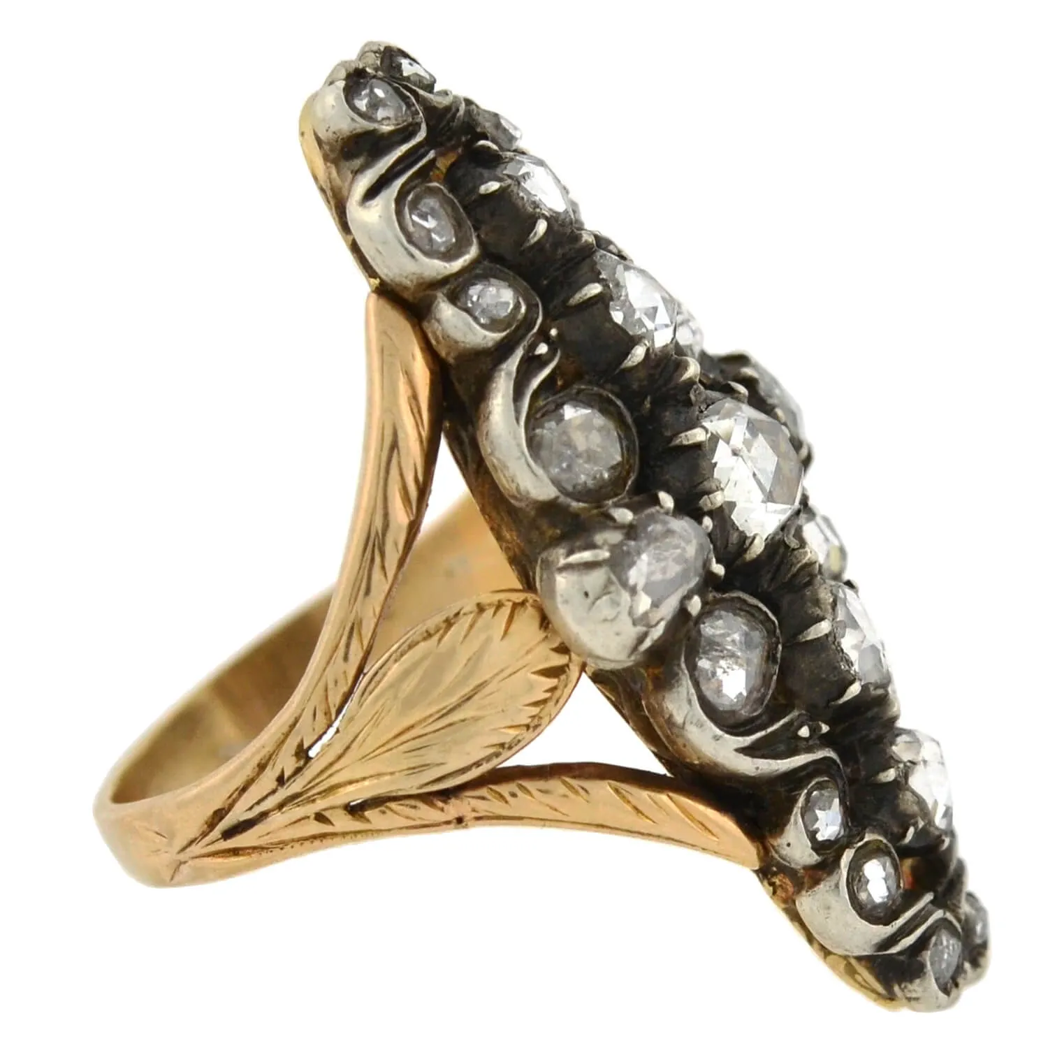 Victorian 14kt/Sterling Foil Backed Diamond Navette Ring 0.90ctw