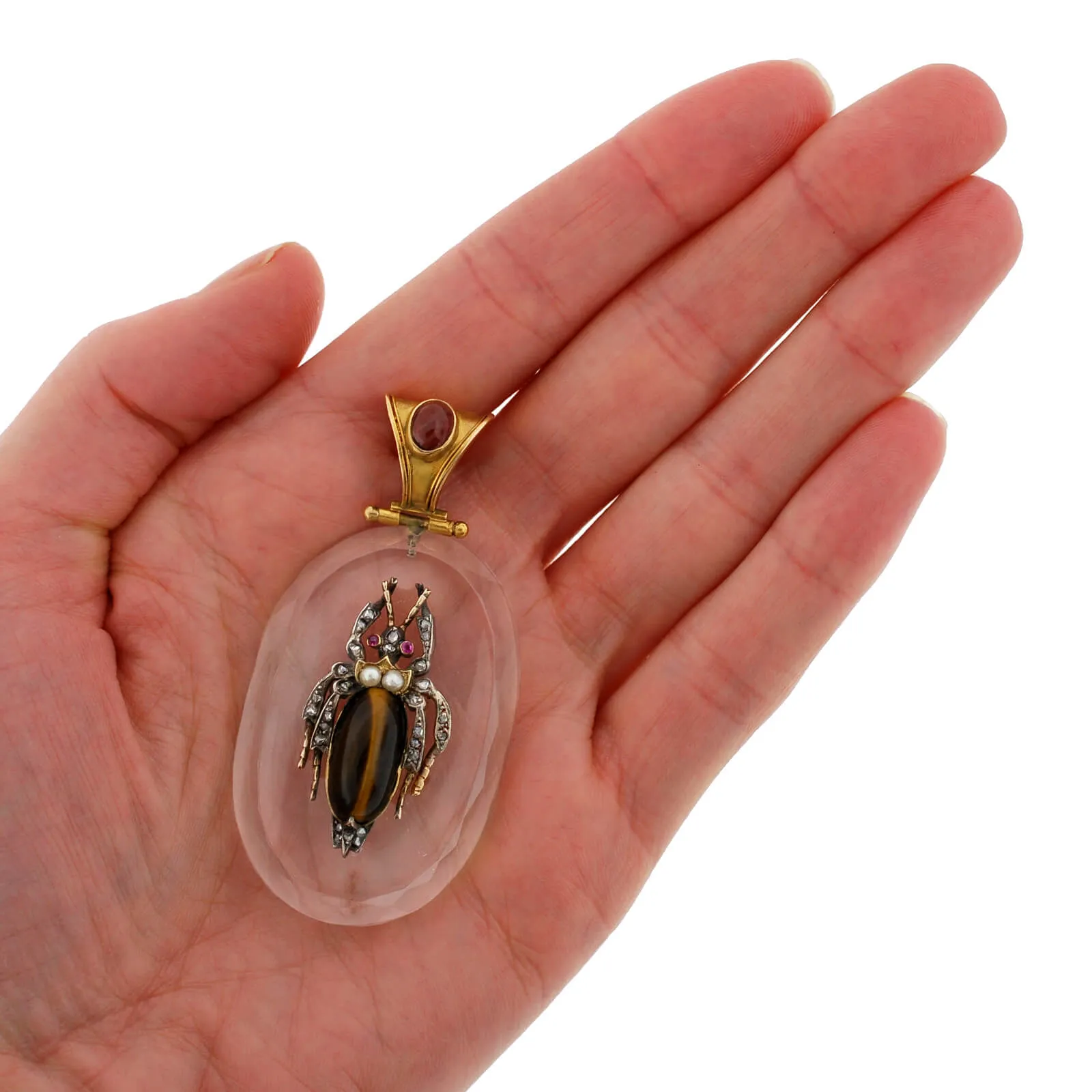 Victorian Large 18kt Rock Crystal, Diamond, Garnet   Tiger Eye Bug Pendant