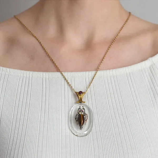 Victorian Large 18kt Rock Crystal, Diamond, Garnet   Tiger Eye Bug Pendant