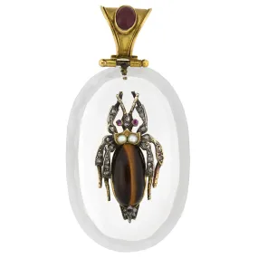 Victorian Large 18kt Rock Crystal, Diamond, Garnet   Tiger Eye Bug Pendant