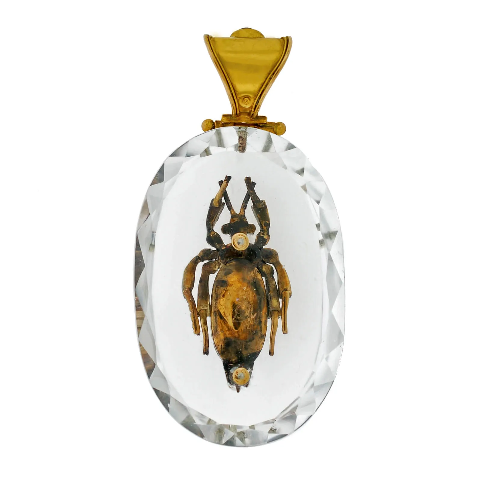 Victorian Large 18kt Rock Crystal, Diamond, Garnet   Tiger Eye Bug Pendant