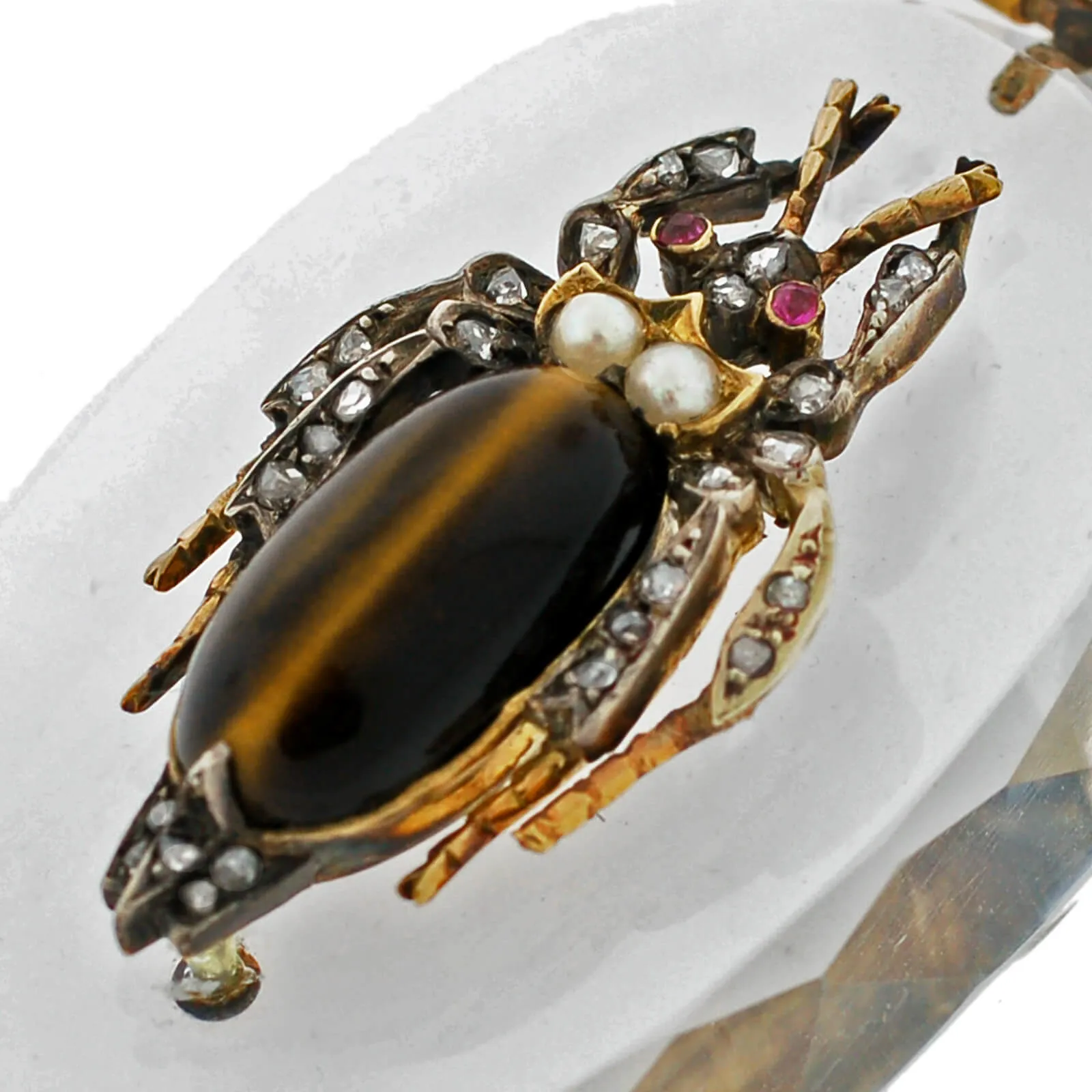 Victorian Large 18kt Rock Crystal, Diamond, Garnet   Tiger Eye Bug Pendant