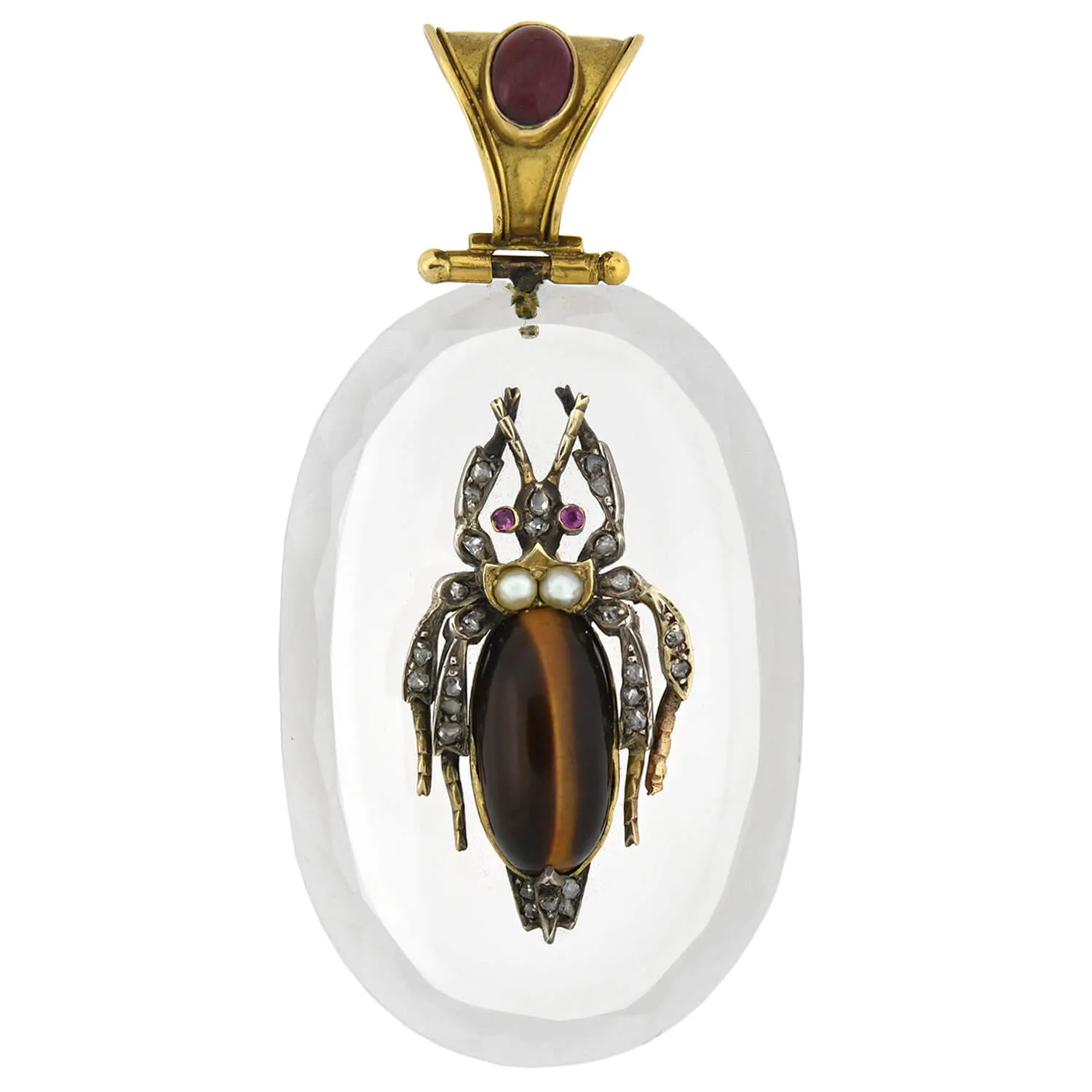 Victorian Large 18kt Rock Crystal, Diamond, Garnet   Tiger Eye Bug Pendant