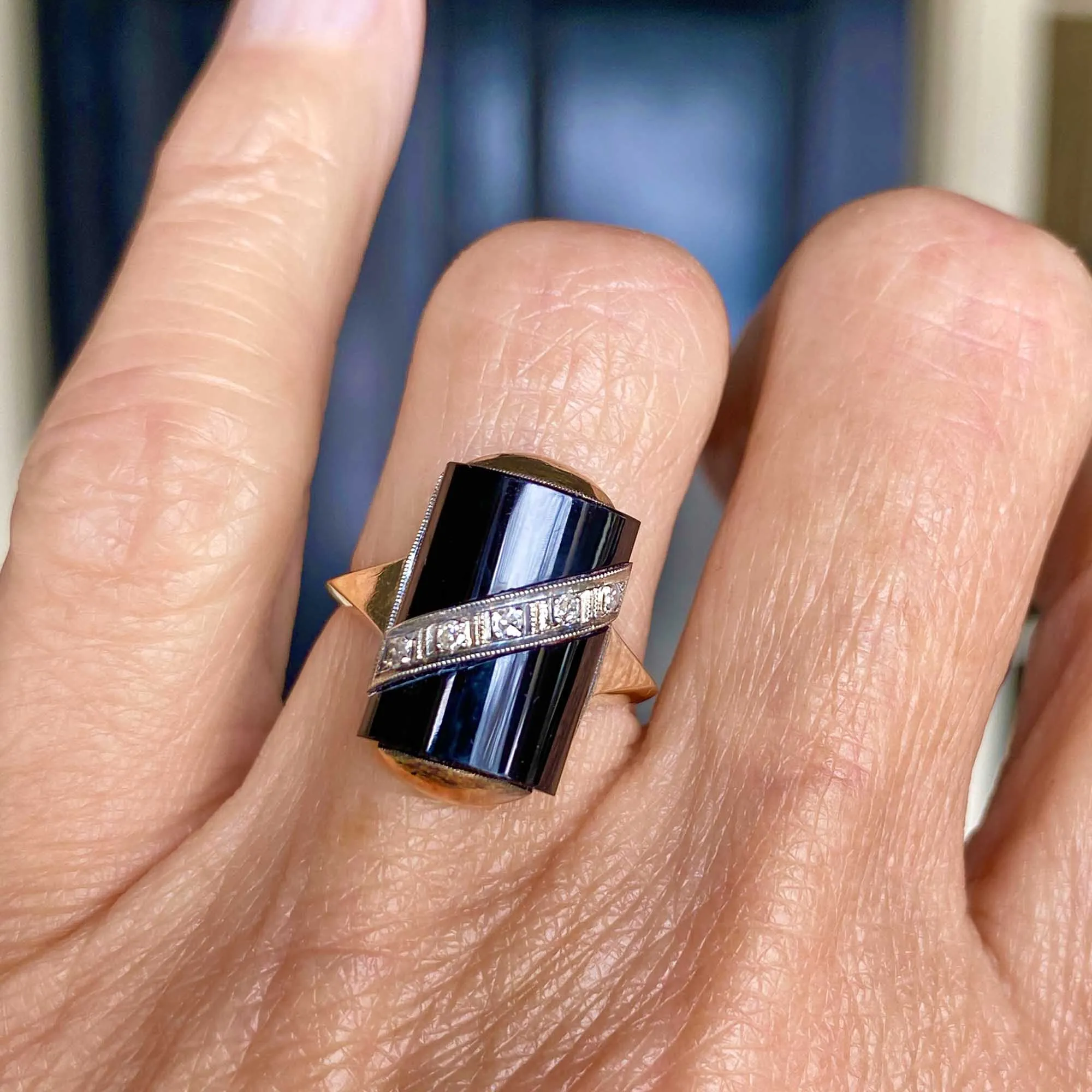 Vintage Barrel Black Onyx and Diamond Ring in Gold