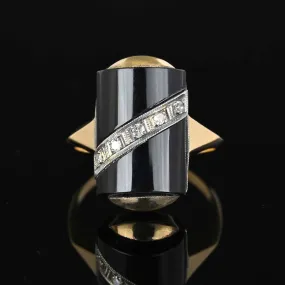 Vintage Barrel Black Onyx and Diamond Ring in Gold