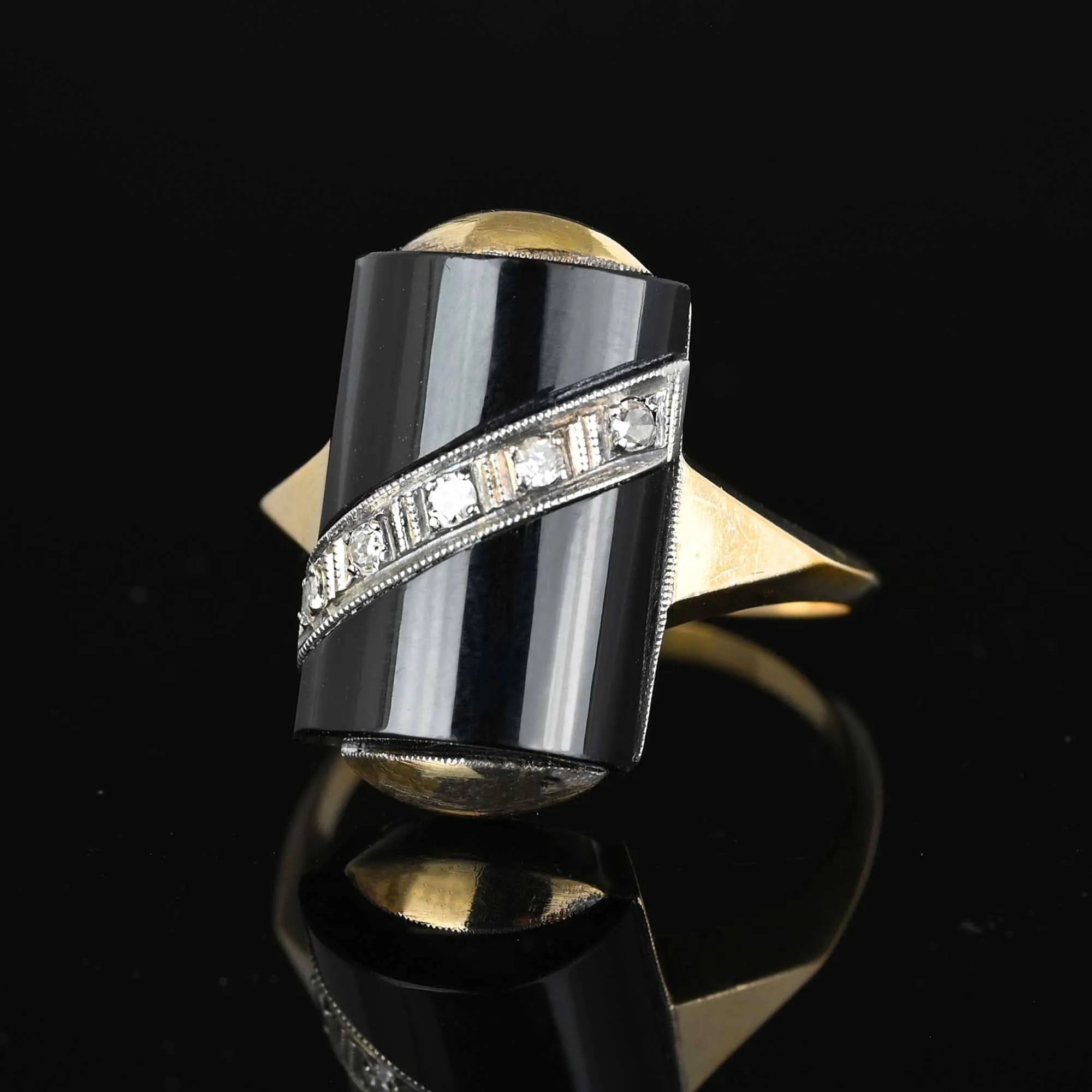 Vintage Barrel Black Onyx and Diamond Ring in Gold