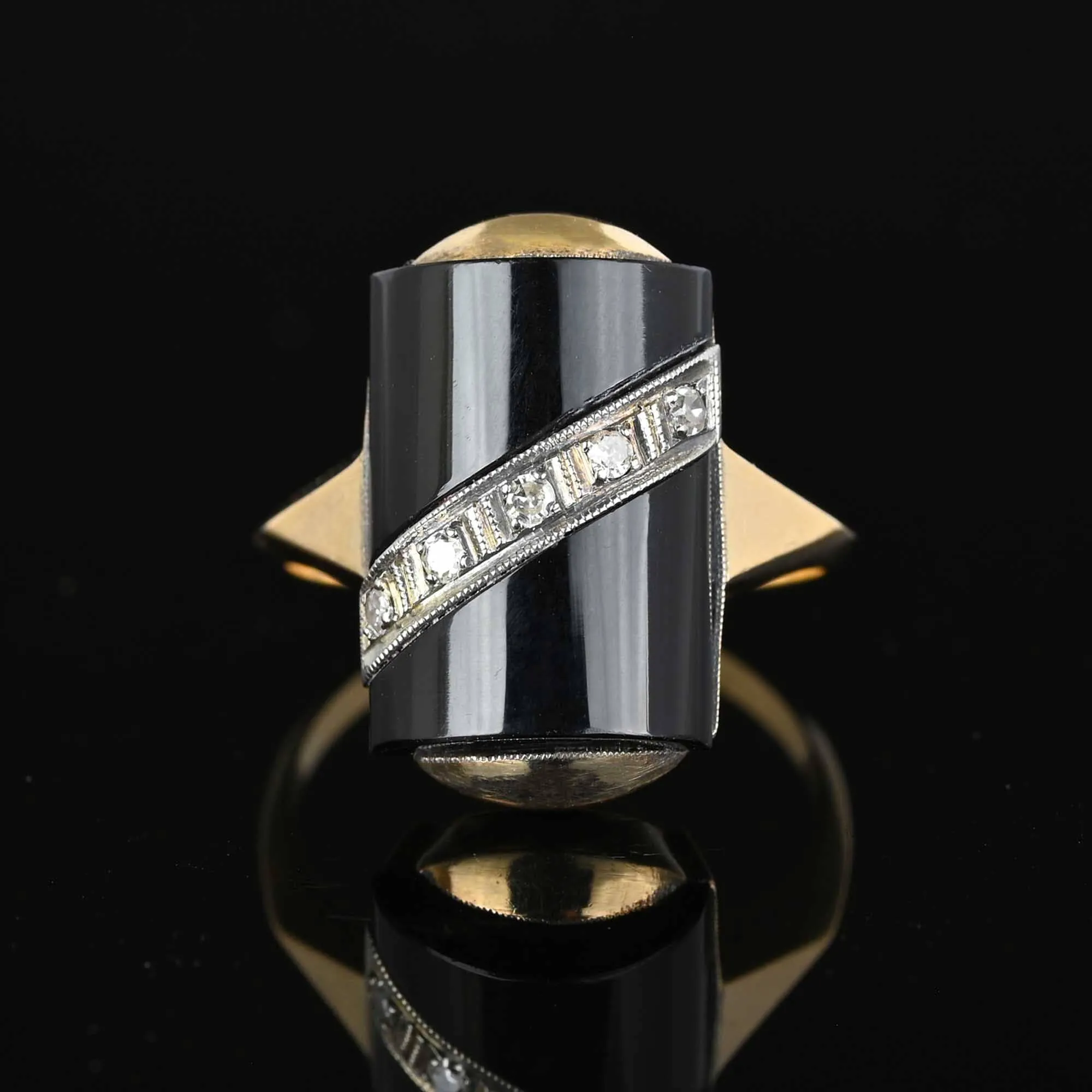 Vintage Barrel Black Onyx and Diamond Ring in Gold