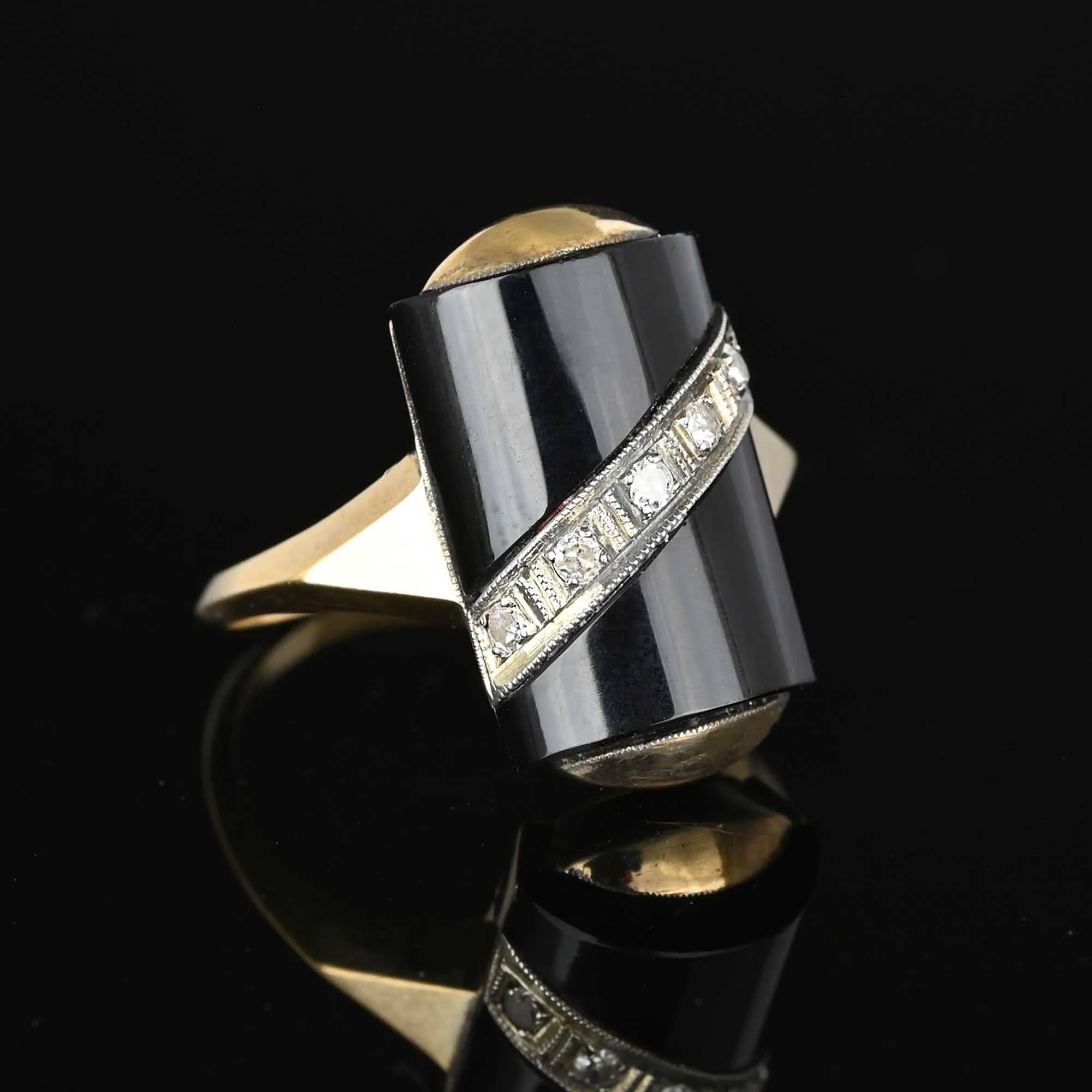 Vintage Barrel Black Onyx and Diamond Ring in Gold