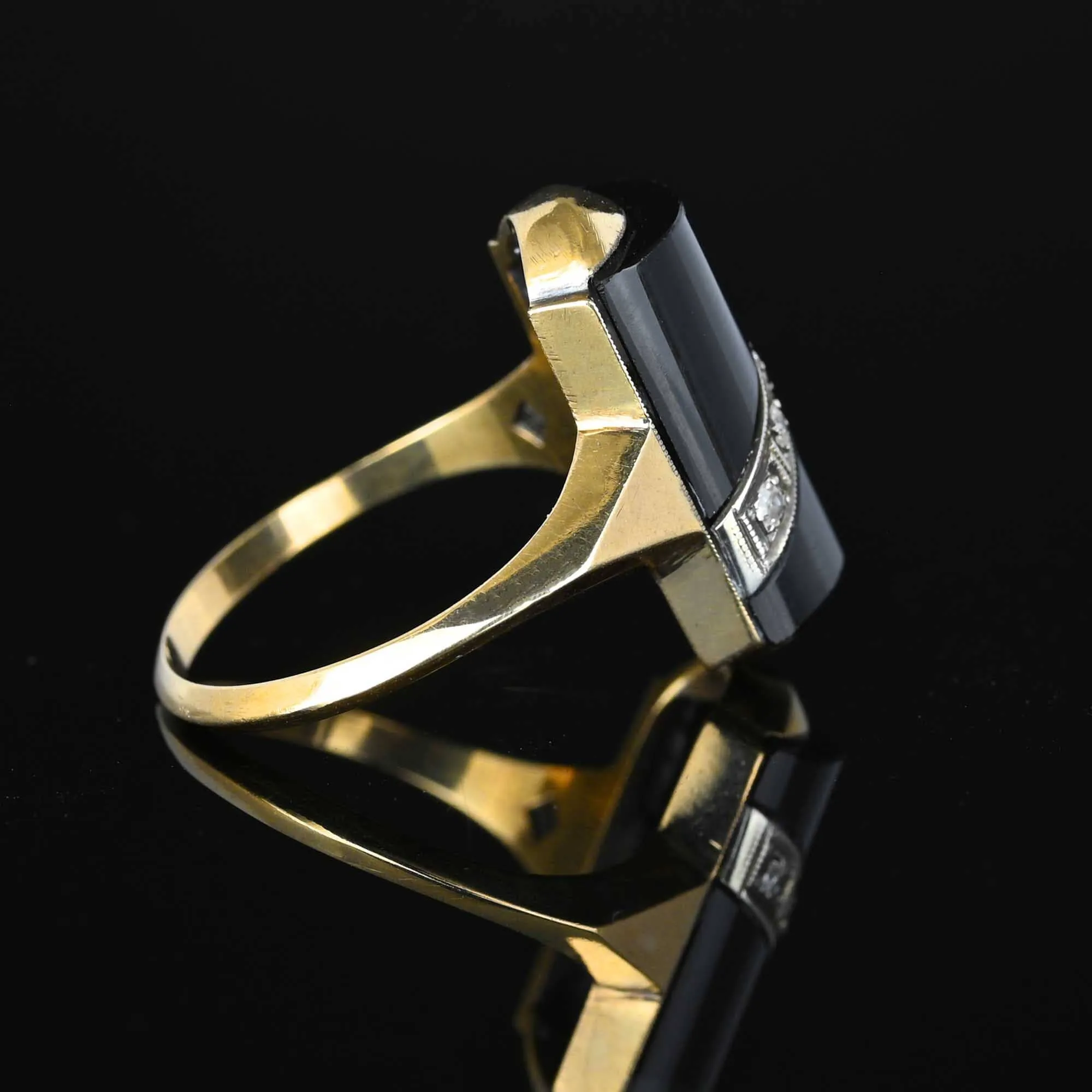 Vintage Barrel Black Onyx and Diamond Ring in Gold