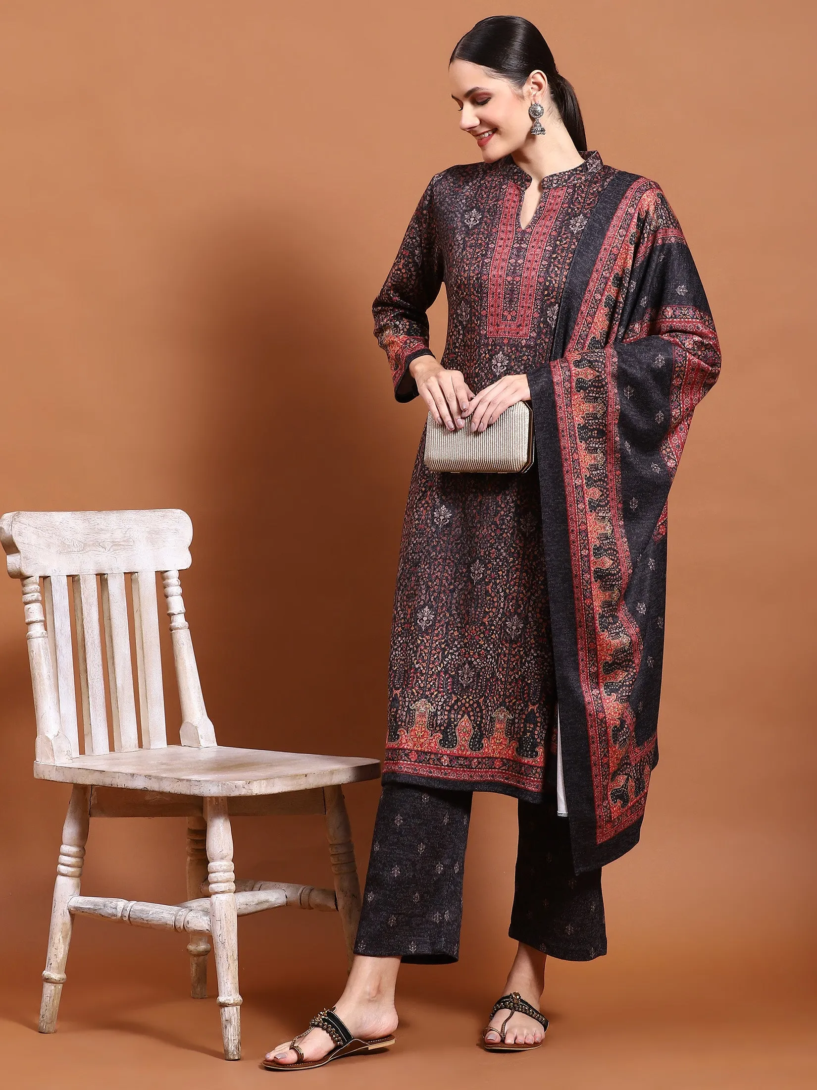 Winter Women Grey Straight Kurta Bottom Dupatta