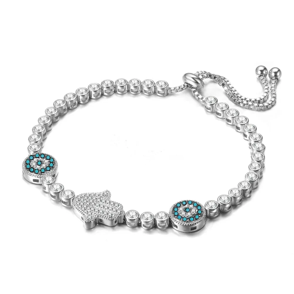 Women's Fashion Adjustable Bolo CZ Hamsa Evil eye Bracelet