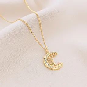 Women's Fashion CZ Star Cresent Moon Necklace