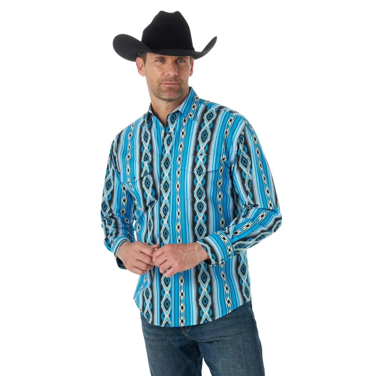 'Wrangler' Men's Checotah Print Western Snap Front - Blue / Black